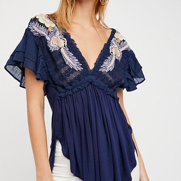 New $128 Free People Blue Fiesta Nueva Embroidered Open-Back Top Small - Picture 3 of 8